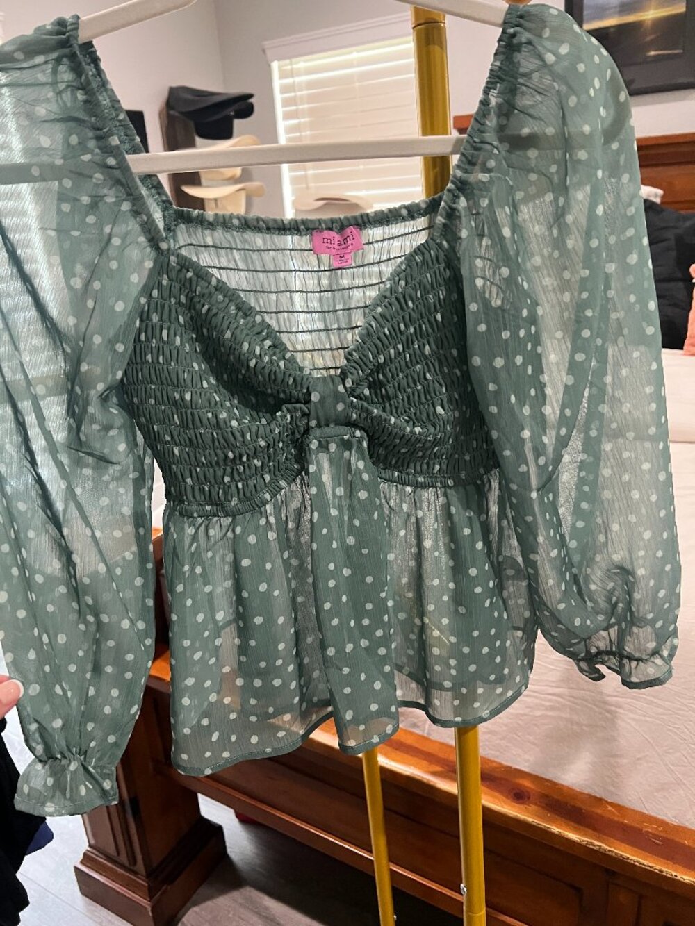Miami for Francesca’s Green Polka Dot Smocked Blouse – Size M